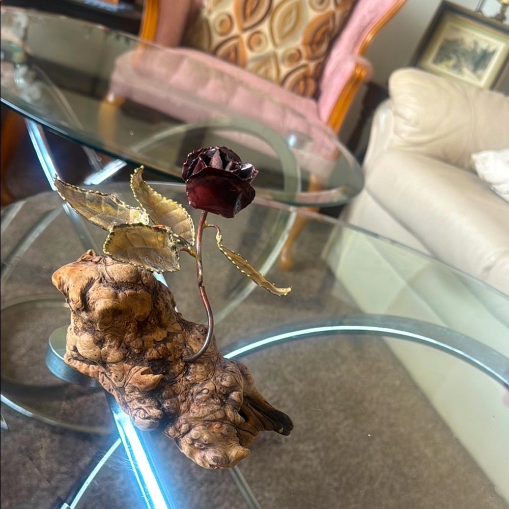 AL BAKER ORIGINAL Artistic Metallic Leaf Sculpture with Wooden Base